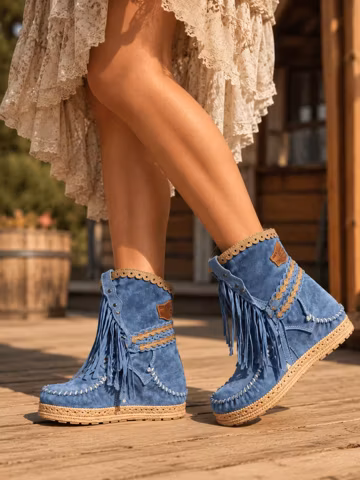 Boho Fringe Moccasin Boots for Women Chunky Platform Ankle Boots Western Style Pull On Short Boots Cozy Cotton Lined Plus Size Shoes