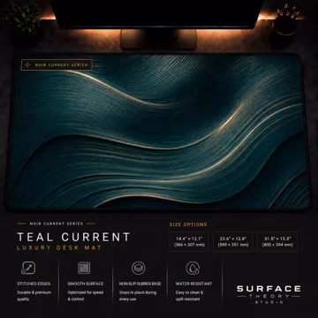 Teal Desk Mat, Extended Mouse Pad, Gaming Mousepad, Large Desk Mat, Modern Desk Pad — Teal Current | Noir Current Series