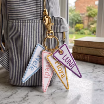 Custom Embroidered Pennant Flag Bag Charm, Personalized Embroidered Name Keychain, Gingham Purse Charm Gift, College Style Backpack Keychain