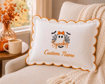 Personalized Halloween Pillow Scalloped Edge Custom Name Ghost Cushion Embroidered Autumn Nursery Decor Kids Spooky Season Gift Decor