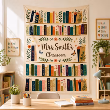 Personalized Teacher Tapestry, Custom Classroom Decor, Boho Botanical Bookshelf Wall Hanging, Reading Corner Backdrop, Teacher Gift