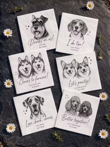 Custom Pet Portrait Wedding Napkins, Hand Drawn Dog Cat Cocktail Napkins, Personalized Pet Drawing Wedding Decor, Custom Dog Drink Napkins