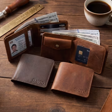 Custom Leather Trifold Wallet, Heavy Duty Mens Bifold, Coin Pocket Holder, Groomsmen Gift