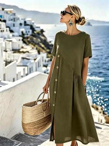 Women Cotton Linen Button Dress – Loose Fit Summer Midi Dress – Handmade Natural Fabric Dress