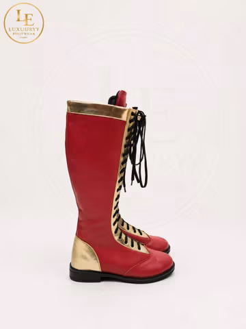 Custom Red Gold Pro Wrestling Boots – Handmade Leather Footwear, Personalized Logo