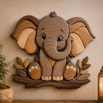 Baby Elephant Intarsia Woodworking Pattern | Nursery Wall Art Scroll Saw Plan | Instant Download