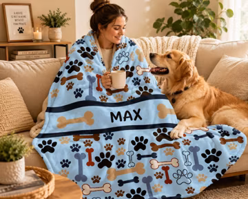 Personalized Dog Blanket with Name, Paw Print and Bone Flannel Throw