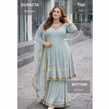 Embroidered Net Suit for Women, Sky Blue Salwar Kameez Palazzo Set with Nazneen Dupatta, Plus Size Indian Dress for Women's Wear