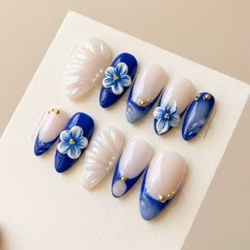 Royal Blue Floral Press On Nails, 3D White Seashell Fake Tips, Pearl Cobalt Beach Vacation Gel Manicure