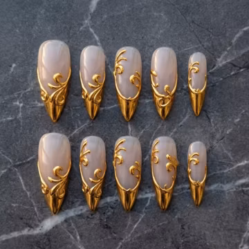 Gold Swirl Press On Nails, Long Stiletto Fake Tips, 3D Chrome French Baroque Gothic Glue Ons