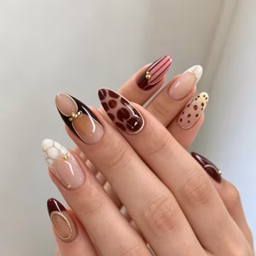 Hand Painted Leopard Print Nails, Abstract Burgundy Gold Wire Design