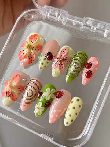 Ladybug Flower Press On Nails | 3D Floral Gel Fake Nails (Medium Almond)