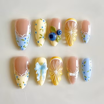 3D Blueberry Lemon Floral Press on Nails | Summer Fruit Gel Faux Nails