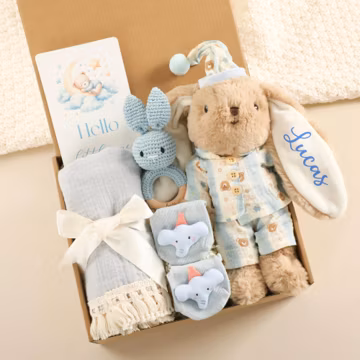 New Baby Gift Box--Muslin Swaddle,Bunny Plush Toy,Baby Rattle,Socks, Baby Shower Gift For Newborn Boy Girl,Custom Name Baby Hamper