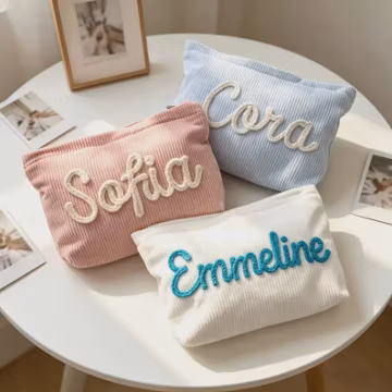 Corduroy Zippered Makeup Pouch, Personalized Embroidered Name Toiletry Bag, Portable Travel Cosmetic Organizer, Perfect Gift for Bridesmaid