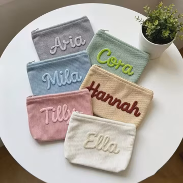 Corduroy Personalized Makeup Pouch in Assorted Colors, Custom Embroidered Letter Name Cosmetic Pouch, Portable Travel Case