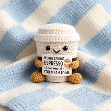 Crochet Coffee Cup Plush Gift – Cute Coworker Leaving Gift, Office Desk Decor, Coffee Lover Appreciation Present, “Words Cannot Espresso