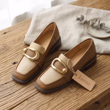 Square Toe - Leather Loafers - Medium Block Heel - Slip On - Cowhide Work Shoes