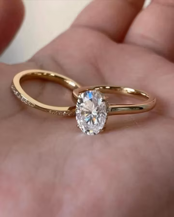 3 CT Oval Cut Moissanite Engagement Ring Set, 14K Solid Gold Hidden Halo Bridal Set, Solitaire Wedding Ring with Art Deco Matching Band