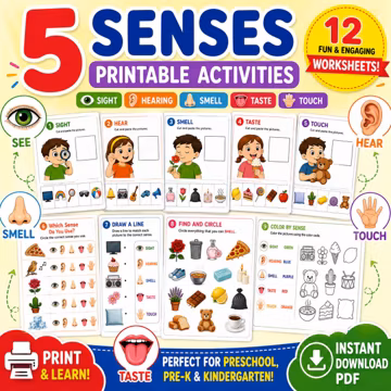 5 Senses Printable Activities | Preschool Science Cut and Paste Worksheets (PDF)