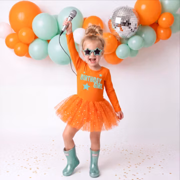 Birthday Girl Orange Tutu Leotard with Mint Glitter Text, Sparkly Toddler Popstar Birthday Outfit, Kids Star Dance Recital Dress