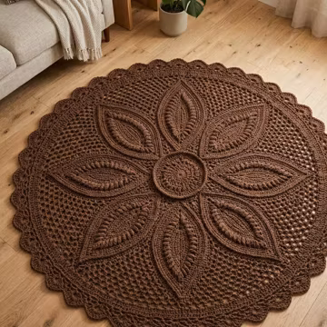 Crochet Rug Pattern PDF, Boho Leaf Mandala Round Rug, Large Floor