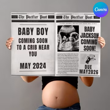 Newspaper Baby Announcement Template, Pregnancy Announcement Newspaper, The Baby Times, Baby Coming Soon Newspaper, Custom Newspaper Canva