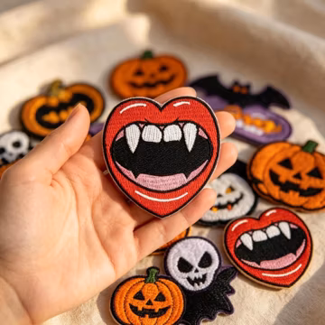 Vampire Teeth Lips Iron On Patch, Gothic Red Heart Embroidered Badge, Halloween Patch for Jacket