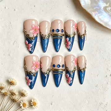 Sapphire Blue French Tip Press On Nails, Stiletto Fake Nails, 3D Pink Flower Gold Baroque Nails, Handmade Reusable Press Ons