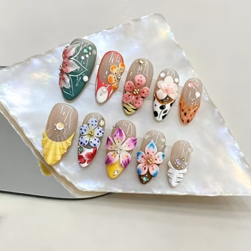 Colorful 3D Orchid Press On Nails Set, Cute Floral Nails, Medium Almond Nails, Spring Summer Handmade Flower Press Ons