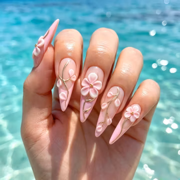Pink Floral Press On Nails Stiletto, French Tip Fake Nails, 3D Flower Gold Vine Nails, Handmade Bridal Reusable Press Ons