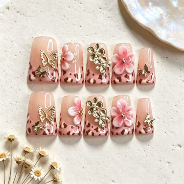 Pink Leopard Press On Nails, Square Fake Nails, 3D Floral Gold Butterfly Nails, Handmade Y2K Reusable Press Ons