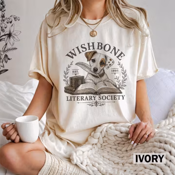 Wishbone Dog Book Lover T-Shirt, Jack Russell Writing Quill Tee