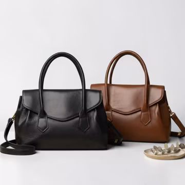 Full-Grain Leather Satchel Bag • Structured Top Handle, Crossbody, Shoulder • Cognac Brown, Jet Black