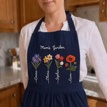 Custom Name Birth Flower Embroidered Apron, Personalized Birth Flower Apron, Grandma Apron, Birthday Gift for Her, Floral Gift for Mom