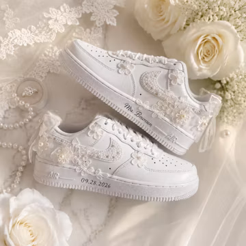 Personalized Bridal Air Force 1 Sneakers, Custom Bride Shoes, White Lace Pearl Details