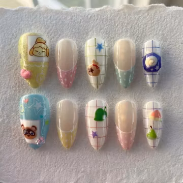 Pastel French Tip Press On Nails, Kawaii Animal Gel Nails Set Gift