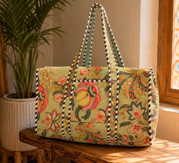 Handmade Quilted Cotton Duffle Bag, Floral Block Print, Reversible Travel Tote