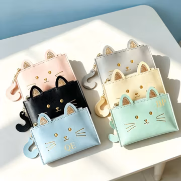 Custom Letter Cute Cat Leather Zipper Card Holder,Personalized Cat Lover Gift,Bridal Bridesmaid Wedding Gift,Minimalist Leather Card Pouch