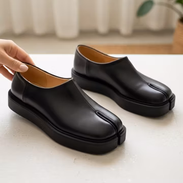 Black Leather Tabi Loafers, Handmade Split Toe Platform Shoes, Japanese Streetwear Harajuku Flats, Unisex Oxford Moccasins, Tabi Shoes