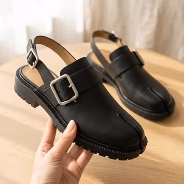Leather Tabi Sandals Women Men, Split Toe Slingback Shoes, Avant Garde Black Buckle Mules, Chunky Low Heel Japanese Style Flat Loafers