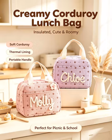 Personalized Corduroy Insulated Lunch Bag, Custom Name Kids Lunch Box, Monogram Toddler School Thermal Tote Bag, Gift for Children