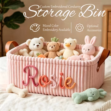 Custom Corduroy Storage Bin with Name Embroidery, Personalized Pet Toy Basket, Custom Icon & Plush Decor, Gift for Pet Owner