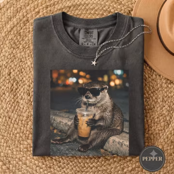 Comfort Colors Funny Otter Drinking Iced Coffee Shirt, Cute Otter Graphic Tee, Animal Lover Gift, Coffee Lover T-Shirt