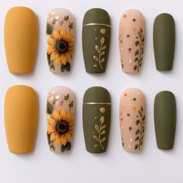 Sunflower Press on Nails, Matte Boho Olive Green Floral Autumn False Nails