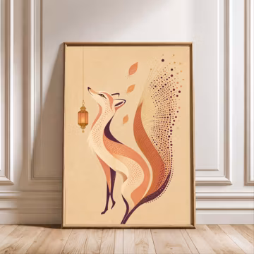 Art Deco Fox Print, Woodland Animal Illustration, Copper Gold Lantern (Digital Download)