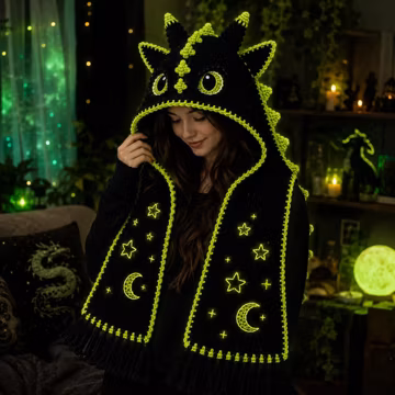 Glow in the Dark Black Dragon Hooded Scarf Crochet Pattern, Fantasy Night Dragon Scoodie PDF Tutorial