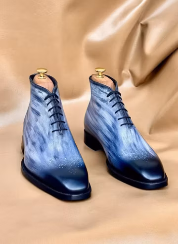 Handmade Blue Black Patina Leather Oxford Boots, Italian Style Brogue Dress Shoes