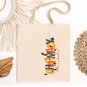 Personalized Pharmacy Halloween Tote Bag | Candy Corn Letters, Spooky Script | pharmacy Halloween gift