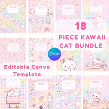 Editable Kawaii Kitten Notebook Cover Templates Canva, Cute Cat Back to School Mega Bundle, Aesthetic Printable Binder Covers Pack Kids